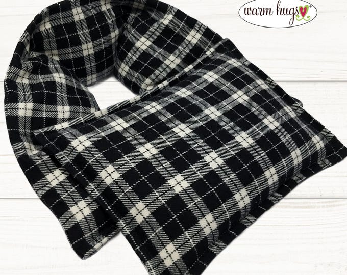Flannel Corn Heating Pad Set 5x24 Neck + Small 7x10, Heated Wrap, Relaxation Stress Relief Neck, Black White Plaid Check