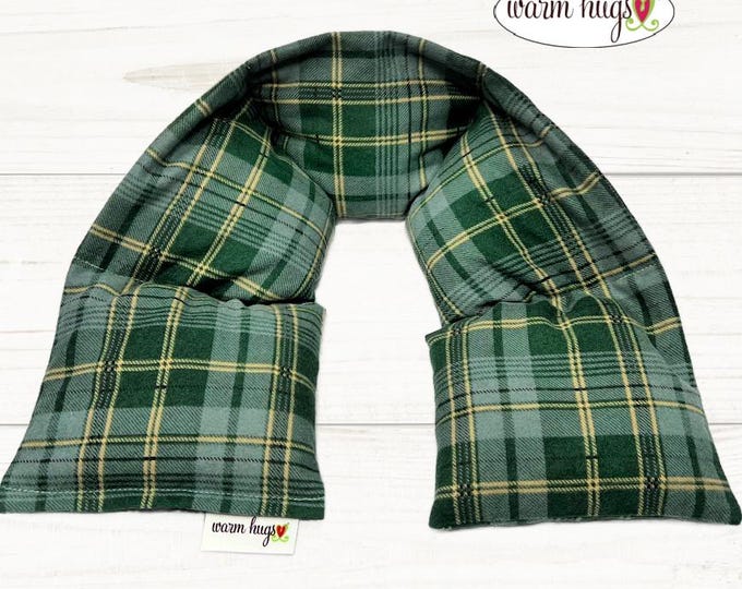 Flannel XL Microwave Corn Heating Neck Wrap 6x30, Stress Relief Warm or Cold, Green Cream Plaid