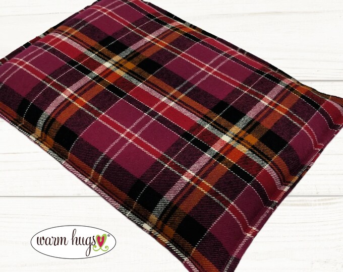 Large Plaid Flannel Warm Hug Microwave Heating Pad 10 x 14, Bed Warmer, Relaxation Gift, Hot or Cold Corn Bag, Dorm Room, Berry Plaid