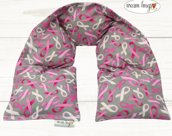 Breast Cancer Pink Ribbon Neck Heating Pad 5 x 24, Microwave Heated Neck Wrap, Corn Bags, Hot Cold Therapy, Spa Relaxation Massage Warm Hug