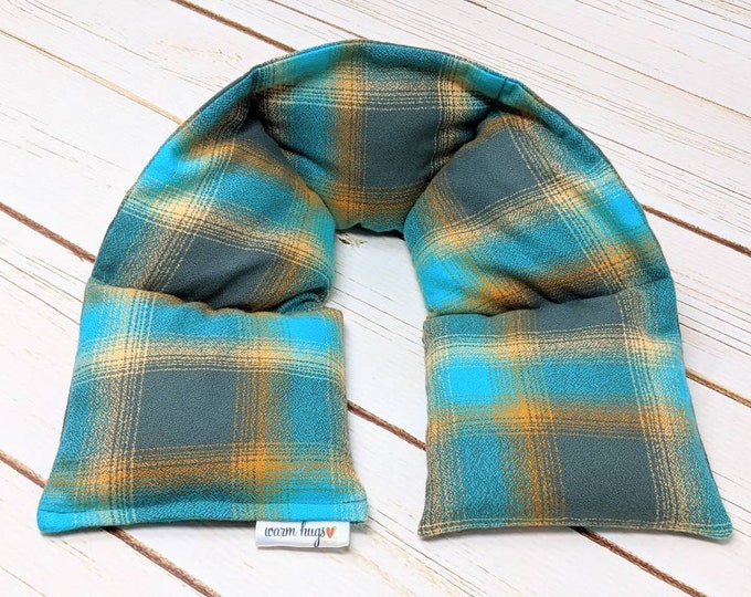 Flannel Heated Neck Warmer, Microwavable Neck Heating Pad, Corn Bags, Massage Therapy, Heat Therapy Wrap - Teal Gray Plaid Brushed Cotton