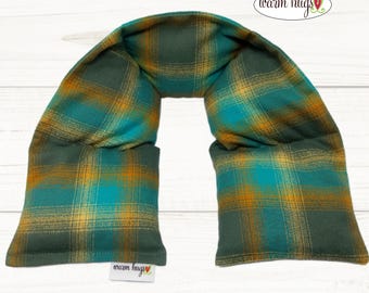 Flannel Heated Neck Warmer, Microwavable Neck Heating Pad, Corn Bags, Massage Therapy, Heat Therapy Wrap - Teal Gray Plaid Brushed Cotton