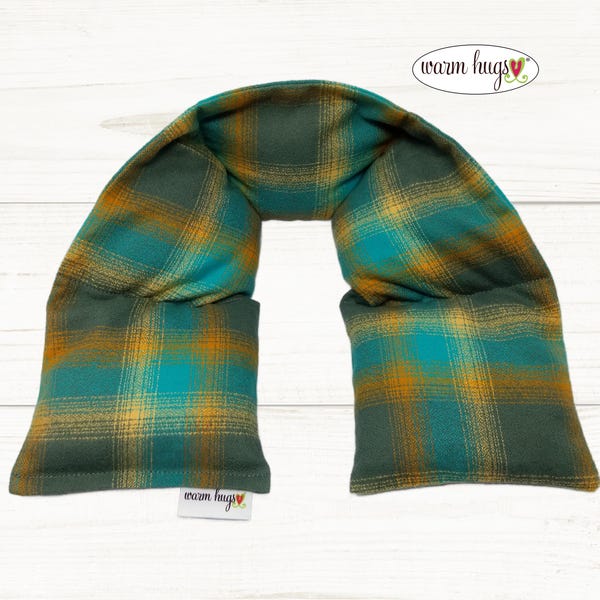 Flannel Heated Neck Warmer, Microwavable Neck Heating Pad, Corn Bags, Massage Therapy, Heat Therapy Wrap - Teal Gray Plaid Brushed Cotton
