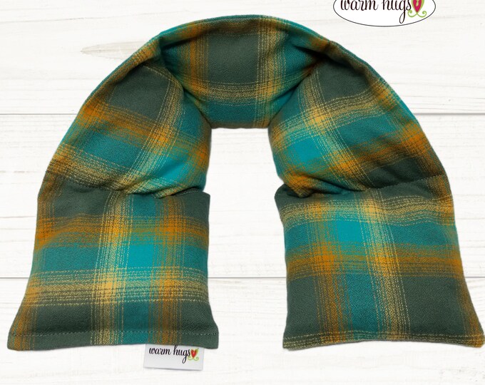 Flannel Heated Neck Warmer, Microwavable Neck Heating Pad, Corn Bags, Massage Therapy, Heat Therapy Wrap - Teal Gray Plaid Brushed Cotton