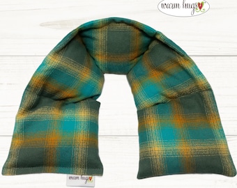 XL Flannel Heated Neck Warmer, Microwavable Neck Heating Pad, Corn Bags, Massage Therapy, Heat Therapy Wrap - Teal Gray Plaid Brushed Cotton