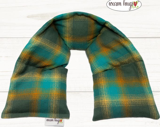 XL Flannel Heated Neck Warmer, Microwavable Neck Heating Pad, Corn Bags, Massage Therapy, Heat Therapy Wrap - Teal Gray Plaid Brushed Cotton