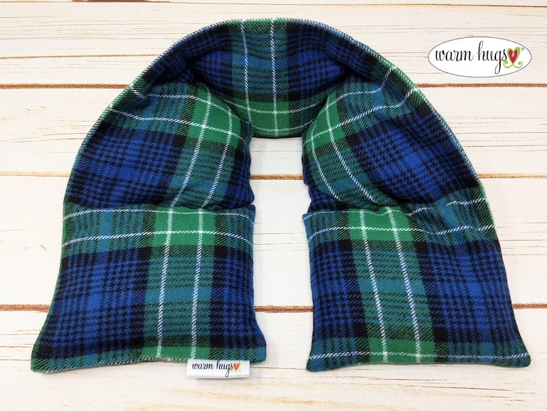 Microwave Flannel Heated Neck Wrap, Corn Bag Heating Pad, Stress Relief Warm Hug, Muscle Pain, Comfort Gift, Blue Green Plaid image 1