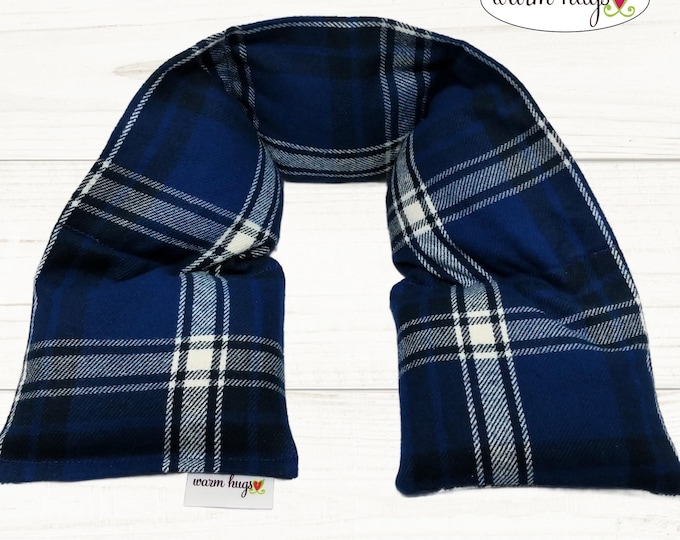 XL Flannel Heated Neck Warmer 6x30, Microwavable Neck Heating Pad, Corn Bags, Massage Therapy, Heat Therapy Wrap - Blue White Plaid