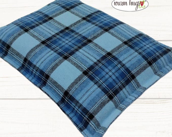 Corn Bag Heating Pad 9 x 11 Flannel, Hot Cold Therapy Relaxation Pillow, Bed Warmer, Blue Black Plaid