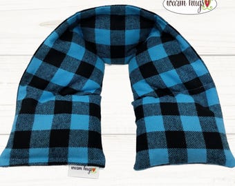 XL Flannel Heated Neck Warmer 6x30, Microwavable Neck Heating Pad, Corn Bags, Massage Therapy, Heat Therapy Wrap - Blue Black Check