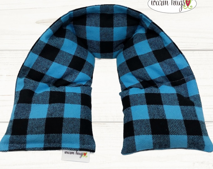 XL Flannel Heated Neck Warmer 6x30, Microwavable Neck Heating Pad, Corn Bags, Massage Therapy, Heat Therapy Wrap - Blue Black Check