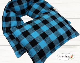 Blue Black Flannel Check Microwave Corn Heating Pad Set, Neck Wrap 5x24 + Small Bag 7x10, Comfort And Wellness Gift, Neck Stress Relief