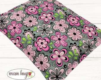 Microwave Corn Heating Pad 9x11 Pink Gray Flowers, Heat Pack for Headache Sinus Pressure, Muscle Pain Relief