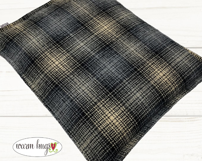 Flannel Microwave Corn Heating Pad 9x11, Heat Pack for Headache Sinus Pressure, Muscle Pain Relief, Dorm Room, Gray Tan Plaid