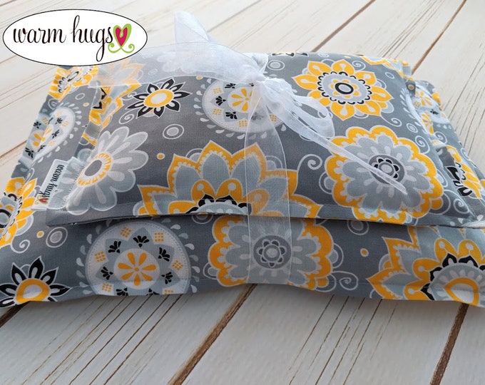 Corn Heating Pad Set, Corn Bag Heat Pack, Microwave Heating Pad, Ice Pack, Heat Therapy, Spa Gift for Her, Self Care, Gray Yellow Floral