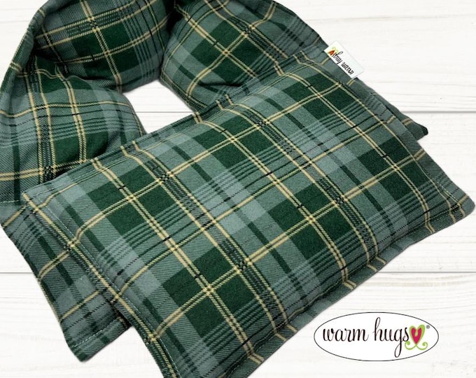 Flannel Microwave Heating Pad Set Neck Wrap 5x24 and Small 7x10, Stress Relief, Green Cream Plaid