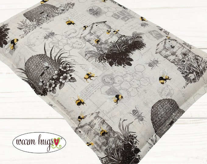 Large Warm Hug Corn Bag 10 x 14 Heating Pad, Relaxation Massage Gift, Microwave Heating Pad, Hot Cold Pack, Gardener Gift, Bees Gray
