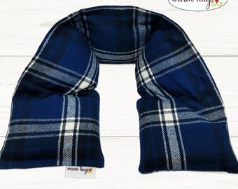Warm Hug Microwave Flannel Heated Neck Wrap, Corn Bag Heating Pad, Stress Relief, Muscle Pain, Comfort Gift, Blue White Plaid