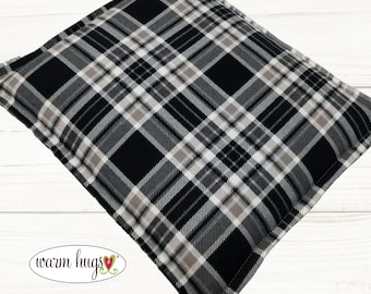 Flannel Microwave Corn Heating Pad 9x11, Heat Pack for Headache Sinus Pressure, Muscle Pain Relief, Dorm Room, Black Taupe White Plaid