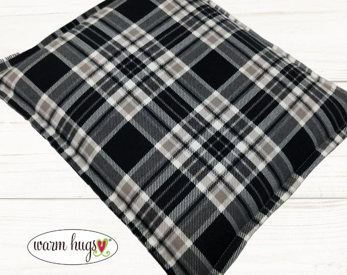 Flannel Microwave Corn Heating Pad 9x11, Heat Pack for Headache Sinus Pressure, Muscle Pain Relief, Dorm Room, Black Taupe White Plaid