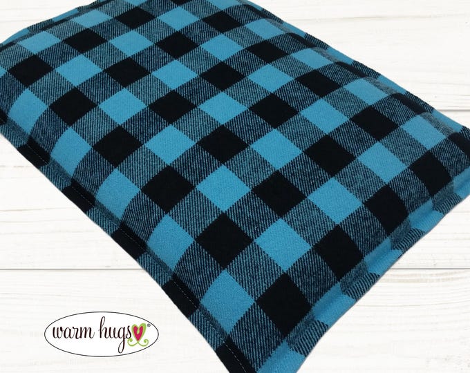 Large Soft Flannel Warm Hug Microwave Heating Pad 10 x 14, Bed Warmer, Relaxation Gift, Hot or Cold, Dorm Room, Corn Bag, Blue Black Check
