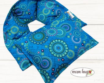 Warm Hug Gift Microwave Heating Pad Set Neck Wrap 5x24 + Small 7x10, Massage Spa Relaxation Comfort Gift, Dot Circles Blue