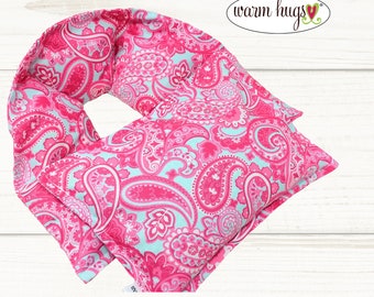 Sending A Hug Microwave Heating Pad Set, Warm Hug Neck Wrap, Massage Spa Relaxation Comfort Gift, Pink Blue Paisley, Hot or Cold Therapy