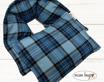 Microwave Flannel Corn Heating Pad Set 5x24 Neck + Small 7x10, Heated Neck Wrap, Relaxation Stress Relief Neck Pain, Big Blue Black Plaid