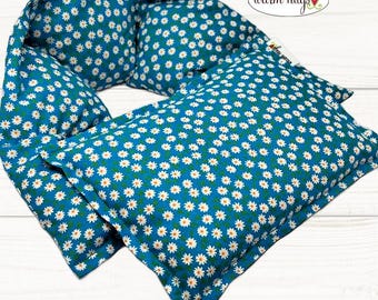 Microwave Heating Pad Set Neck Wrap 5x24 + Small 7x10, Unwind at Home Relaxation Comfort Gift, Mini Daisy Blue