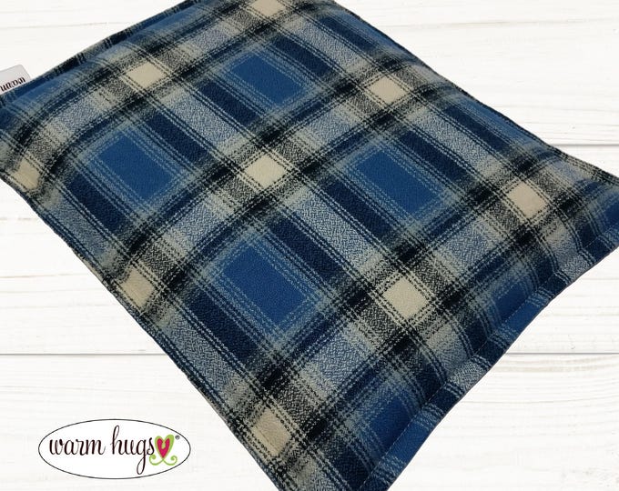 Flannel Microwave Corn Heating Pad 9x11, Heat Pack for Headache Sinus Pressure, Muscle Pain Relief, Dorm Room, Blue Black Plaid