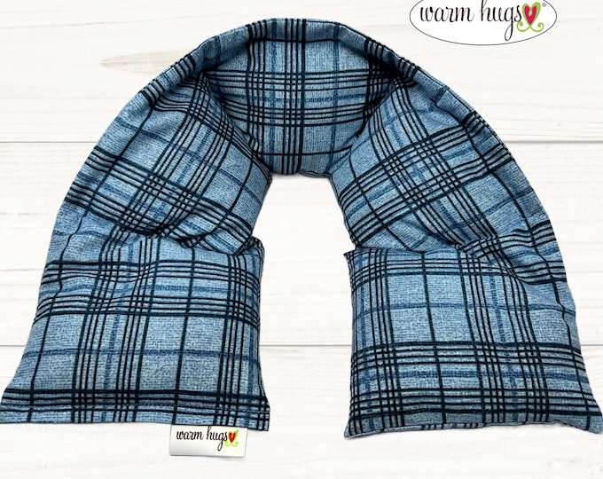Warm Hugs Neck Heating Pad, Heated Neck Wrap, Microwave Heat Wrap, Corn Bags, Hot Cold Therapy, Spa Relaxation Massage Therapy, Blue Plaid