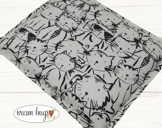 Microwave Flannel 9 x 11 Corn Heating Pad, Warm Hugs Heat Pack, Relaxation Therapy, Muscle Pain Relief, Bed Feet Warmer, Gray Black Cats