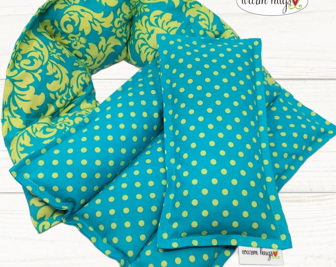 Microwave Heating Pad Set with Options, Neck Wrap 5x24, Spa Massage Relaxation Comfort Gift, Corn Bag, Teal Damask Polka Dot, Muscle Aches
