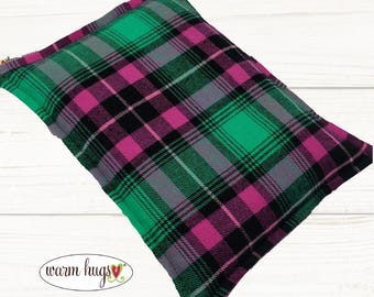 Pink Green Plaid Flannel Microwave Corn Heating Pad 7 x 10, Hot Cold Therapy, Corn Bag, Migraine Headache Sinus Pressure, Muscle Pain, Dorm