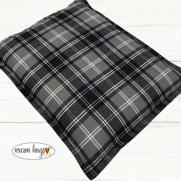 Gray Black Plaid Flannel Corn Heating Pad 9 x 11, Microwave Heat Pack, Hot Cold Relaxation Therapy Pillow, Dorm Room, Cabin Bed Warmer