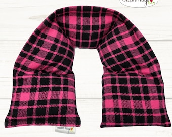 Flannel Heated Neck Warmer 5x24, Microwavable Neck Heating Pad, Corn Bags, Massage Therapy, Heat Therapy Wrap - Pink Black Plaid