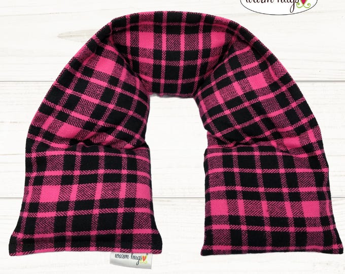 Flannel Heated Neck Warmer 5x24, Microwavable Neck Heating Pad, Corn Bags, Massage Therapy, Heat Therapy Wrap - Pink Black Plaid