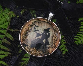 Vintage Witch Silhouette Pendant Brooch: Gothic Halloween Jewelry