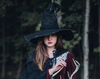 Gayle Distressed Black Witch Hat: Crooked Brim, Halloween/Ren Faire Costume, Wizard