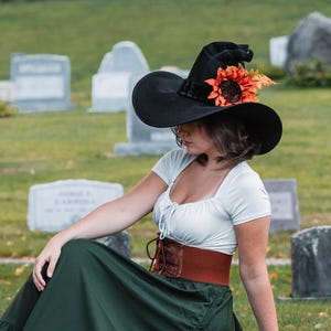 Sonny Black Felt Crooked Witch Hat: Sunflower Adornment, Wide Brim, Halloween/Ren Faire Costume