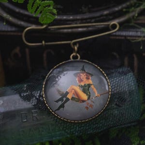 Vintage Pin Up Girl Witch On Broom Brooch with Kilt Pin, Witch Hat Accessory, Halloween Accessory, Witchcore Jewelry, Halloween Pin
