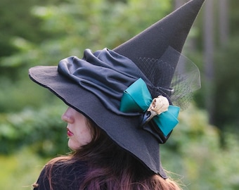 Raven Black Felt Witch Hat: Bird Skull Bow, Slanted Brim, Ren Faire/Halloween Costume
