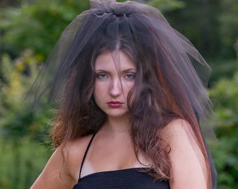 Black and Orange Veil with Blusher, Halloween Party Veil, Victorian Mourning Veil, Goth Veil, Wedding Veil, Halloween Costume Veil