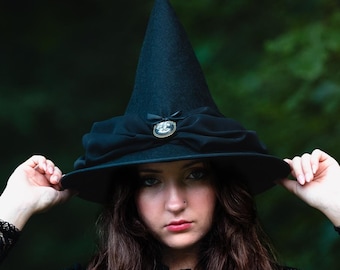 Hazel Petite Black Felt Witch Hat: Wired Brim, Scarf, Cameo - Halloween/Ren Faire Costume