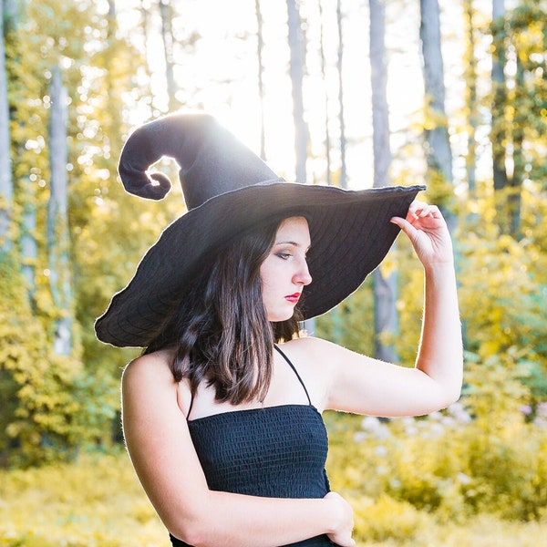 Beatrice Extra Large Brim Witch Hat in Black Felt, crooked witch hat, ren faire hat, sorceress hat, hedge witch hat, classic witch hat