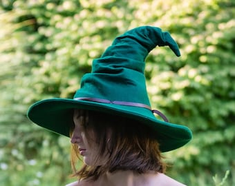 Freya~ Sombrero de mago de fieltro verde bosque: Disfraz de bruja torcida o bruja de seto