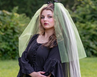 Bride of Frankenstein Veil: Green Tulle, Black & White Stripes, Bow Pin