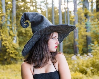 Estella the Curl Back Witch Hat in Charcoal felt, crooked witch hat, grungy witch hat, hedge witch hat, classic dark witch hat