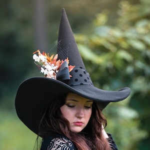 May include: A black witch hat with a wide brim and a tall, pointed crown, adorned with a black bow and floral accents. The hat is worn with a long black dress with lace sleeves. The image is set outdoors with a blurred green background.