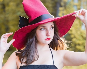 Estella~ Burgundy Witch Hat: Curled Back, Soft Brim, Bat Bow - Halloween Costume